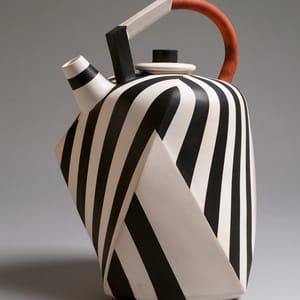 a white ceramic teapot in vorticism, hard diagonal facets slicing the ceramic body, converging sharp planes, stark black and white with rust accent, machine-age geometric abstraction, graphic flat light --ar 4:5 --style raw --s 50 --preview