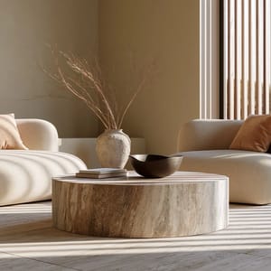 An open-plan creative studio designed with warm minimalism, featuring a boucle armchair, pale terracotta walls, and a sleek ash desk.