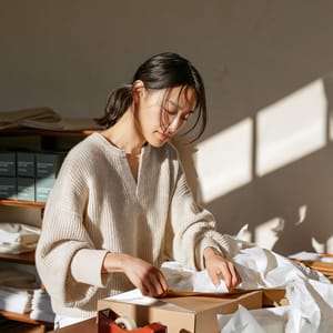 Woman in her late twenties folds a kraft box on a wooden table beside tissue paper, stocked shelves behind her.