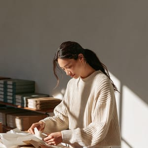 Woman folding a kraft box at a packing table — image 2