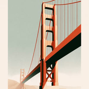 a colossal suspension bridge in WPA poster style, rendered with bold geometric vector shapes, a muted terracotta and sage color palette, and soft screen-print texture --ar 3:4 --style raw --s 50