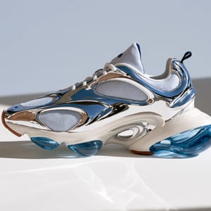 a futuristic running sneaker in the Y2K aesthetic, metallic chrome paneling, translucent neon blue gel pods, bulbous sole geometry, glossy injection-molded plastic details, bright studio lighting on a seamless white background --ar 3:4 --raw --profile 9gfqdl1 --hd
