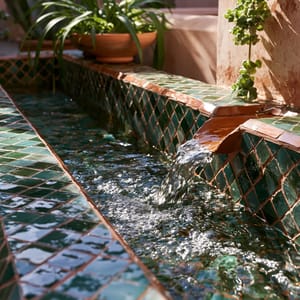 zellige tilework lining a boutique hotel courtyard fountain, featuring intricate hand-cut geometric clay mosaic tiles, glossy irregular terracotta glaze reflecting soft natural afternoon light, vibrant emerald green and deep turquoise hues, weathered plaster walls in a serene courtyard oasis, peaceful riad interior atmosphere