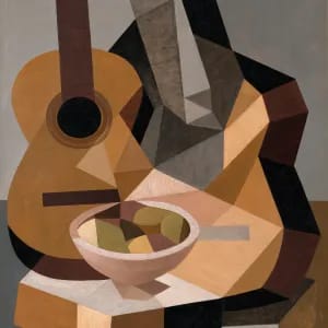 Prompt: Cubist aesthetic applied to a still life of a guitar and a bowl of fruit. The objects are fragmented into flat, interlocking geometric planes and faceted angles, showing multiple perspectives at once. The color palette is restricted to earthy tones of ochre, burnt sienna, and charcoal, emphasizing form over depth. --ar 4:3