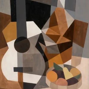 Prompt: Cubist aesthetic applied to a still life of a guitar and a bowl of fruit. The objects are fragmented into flat, interlocking geometric planes and faceted angles, showing multiple perspectives at once. The color palette is restricted to earthy tones of ochre, burnt sienna, and charcoal, emphasizing form over depth. --ar 4:3