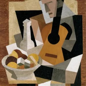 Prompt: Cubist aesthetic applied to a still life of a guitar and a bowl of fruit. The objects are fragmented into flat, interlocking geometric planes and faceted angles, showing multiple perspectives at once. The color palette is restricted to earthy tones of ochre, burnt sienna, and charcoal, emphasizing form over depth. --ar 4:3