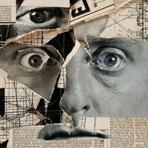 Dadaist collage of a surreal portrait, composed of cut-out vintage newspaper fragments, black-and-white photographic eyes, and technical blueprint schematics. The layout is chaotic and layered, featuring raw scissor-cut edges and misaligned elements that evoke a rebellious, hand-pasted, and absurdist mixed-media aesthetic. --ar 4:3 --style raw