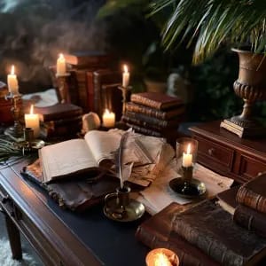 prompt: Dark academia antique wooden desk cluttered with leather-bound books, brass inkwells, dim warm candlelight casting soft shadows, deep forest green and mahogany tones --ar 3:2 --style raw