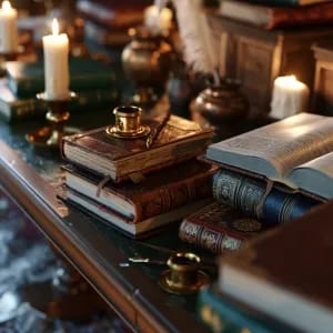 prompt: Dark academia antique wooden desk cluttered with leather-bound books, brass inkwells, dim warm candlelight casting soft shadows, deep forest green and mahogany tones --ar 3:2 --style raw
