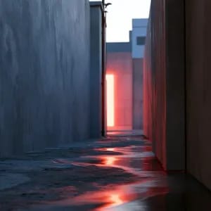 One-point perspective of a quiet, empty concrete alleyway at dusk. Smooth concrete walls on both sides converge toward a single glowing neon sign at the far end, casting a warm red reflection on the wet pavement. Clean, dramatic linear composition. --ar 16:9 --style raw