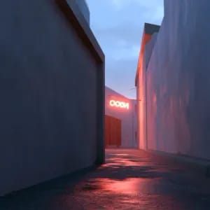 One-point perspective of a quiet, empty concrete alleyway at dusk. Smooth concrete walls on both sides converge toward a single glowing neon sign at the far end, casting a warm red reflection on the wet pavement. Clean, dramatic linear composition. --ar 16:9 --style raw