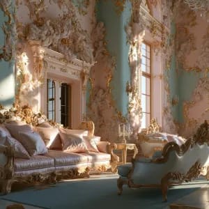 prompt: Rococo aesthetic applied to a luxurious interior salon. The room features delicate pastel pink and mint walls covered in intricate, asymmetrical gilded gold scrollwork. Curving wooden furniture with silk upholstery is bathed in soft, natural window light, emphasizing the airy, whimsical atmosphere and opulent textures. --ar 3:2