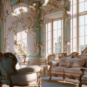 prompt: Rococo aesthetic applied to a luxurious interior salon. The room features delicate pastel pink and mint walls covered in intricate, asymmetrical gilded gold scrollwork. Curving wooden furniture with silk upholstery is bathed in soft, natural window light, emphasizing the airy, whimsical atmosphere and opulent textures. --ar 3:2