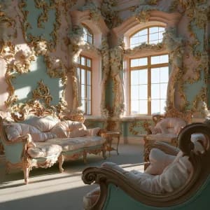 prompt: Rococo aesthetic applied to a luxurious interior salon. The room features delicate pastel pink and mint walls covered in intricate, asymmetrical gilded gold scrollwork. Curving wooden furniture with silk upholstery is bathed in soft, natural window light, emphasizing the airy, whimsical atmosphere and opulent textures. --ar 3:2
