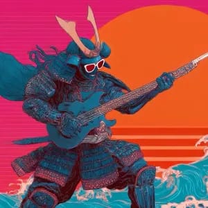 prompts: Samurai, Ukiyo-e style mixed with Synthwave
