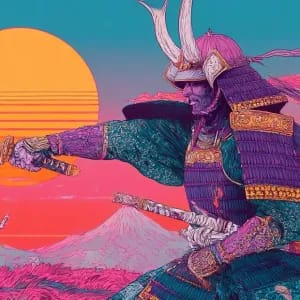 Prompts: Samurai, Ukiyo-e style mixed with Synthwave