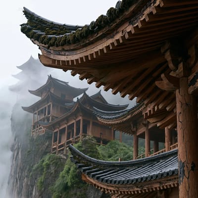 weathered wooden pagodas