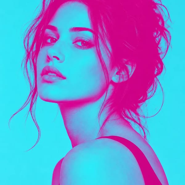 Duotone portrait of a woman, cyan and magenta.