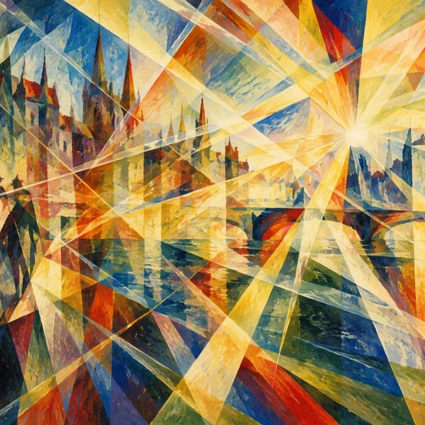 a glass decanter in the style of Rayonism, dissolving into intersecting dynamic rays of light and sharp linear beams, painted with vibrant…