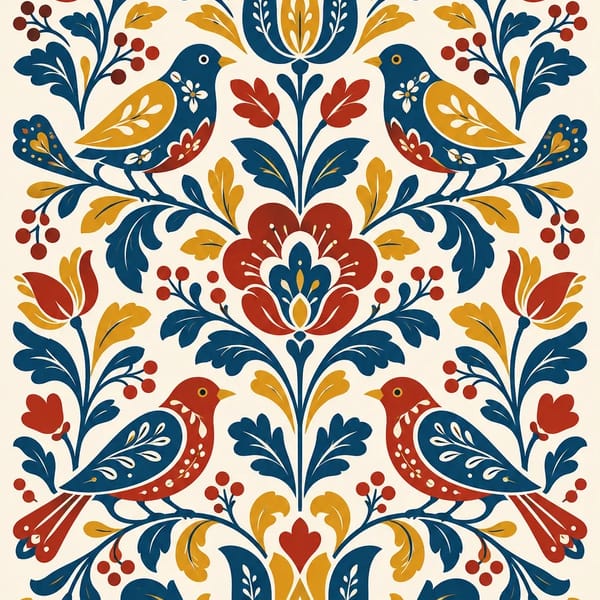 scandinavian folk art symmetrical design, stylized forest birds perched on intricate blooming floral branches, rustic kurbits illustration…