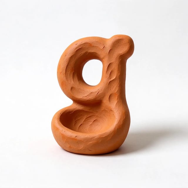 A lowercase g sculpted from rough terracotta clay