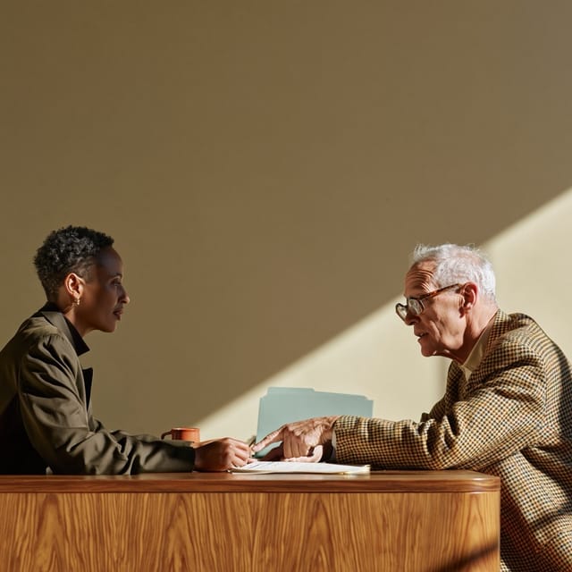 Accountant walking a client through a document across her desk