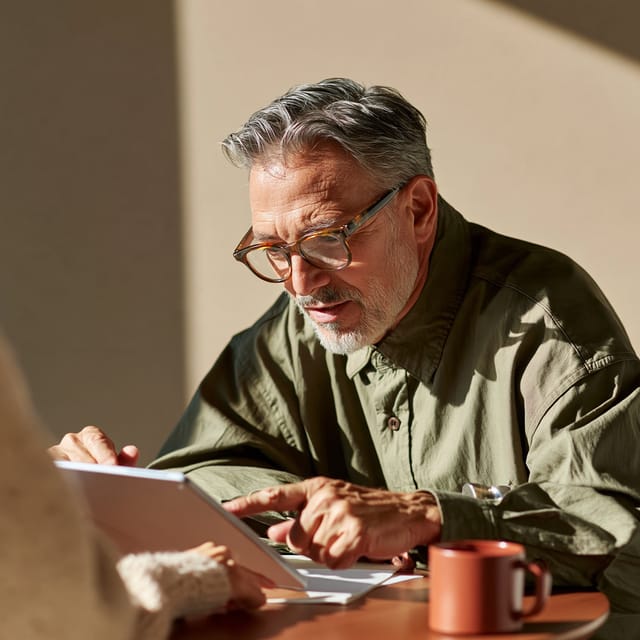 Advisor pointing out details on a client's tablet at a walnut table