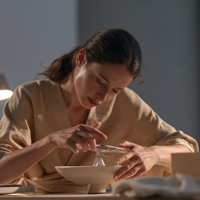 Ceramicist photographing a finished bowl at her workbench