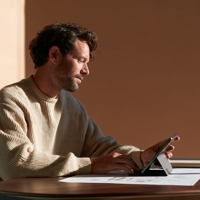 Designer reviewing digital floor plans at a dark walnut table