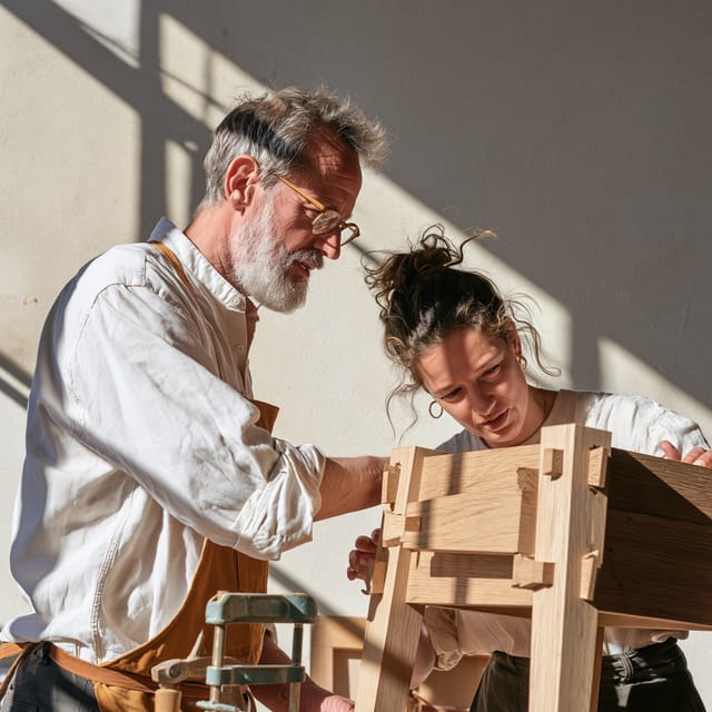 Furniture maker showing a client a dovetail joint
