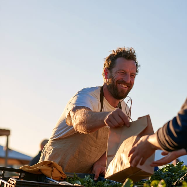 Grower passing a paper bag of greens at a market stall