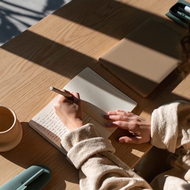 Hands writing in a notebook on a pale oak desk, seen from above