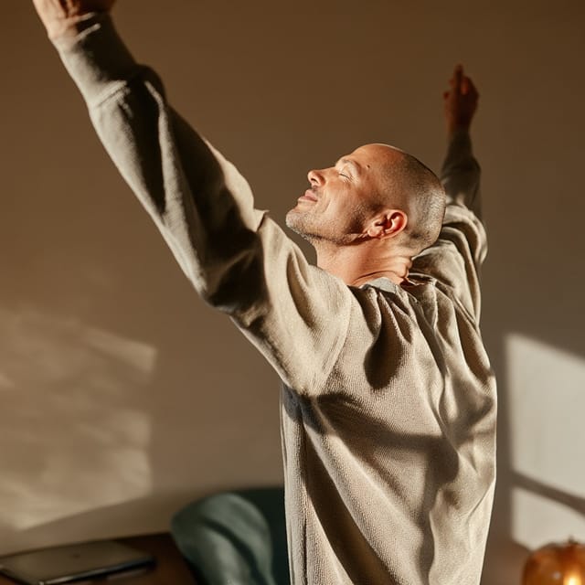 Man stretching at his home office window