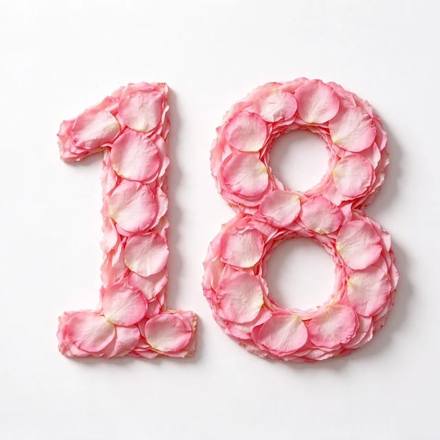 Numerals 18 in pressed pink rose petals