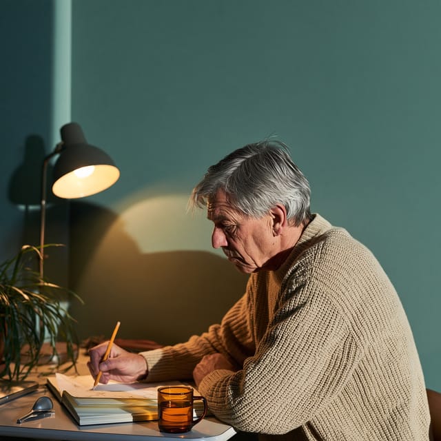 Older man sketching at a corner desk by lamplight