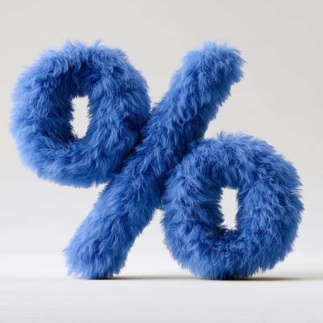 Percent sign wrapped in shaggy cobalt blue faux fur