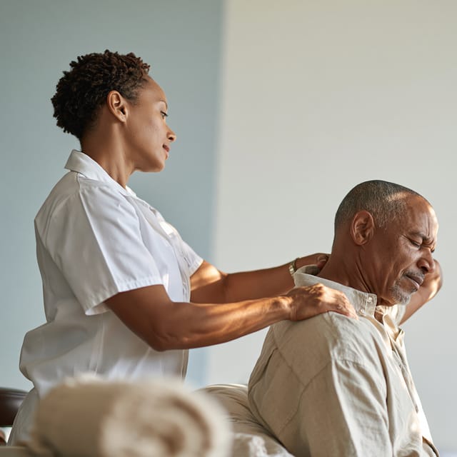 Physiotherapist guiding a client through a shoulder stretch