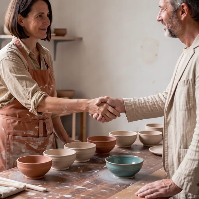 Potter and gallery buyer shaking hands across a workbench
