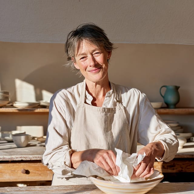 Potter wrapping a finished bowl in tissue paper