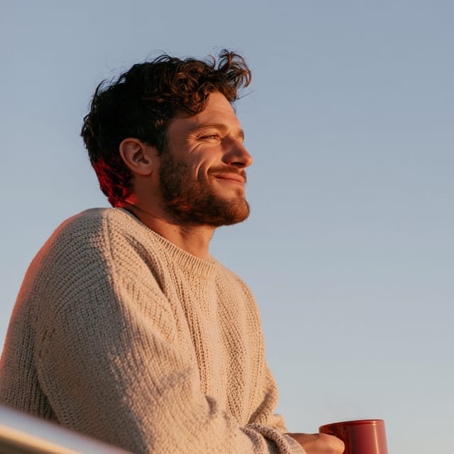 Professional taking a coffee break on an outdoor terrace