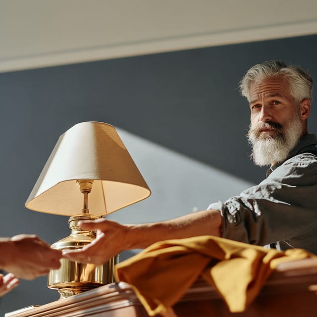 Repair technician handing a restored table lamp across the counter