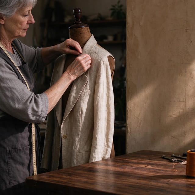 Tailor pinning a linen jacket on a dress form