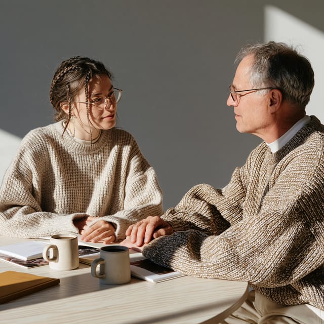 Two colleagues comparing notebooks at a light ash table
