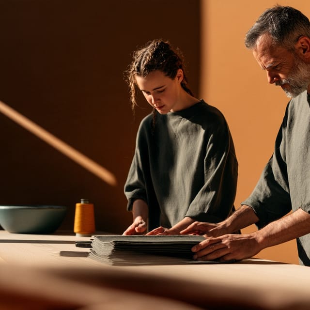 Two colleagues folding linen at a boutique display table