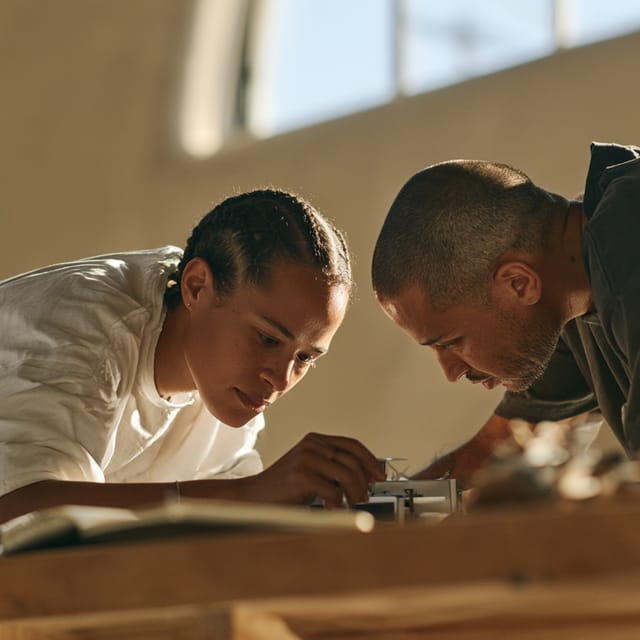 Two founders examining a hardware prototype at a workbench