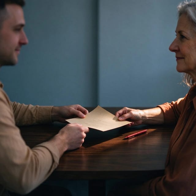 Two founders sliding a signed document across a dark walnut table
