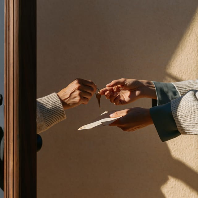 Two pairs of hands passing a brass keyring in a doorway