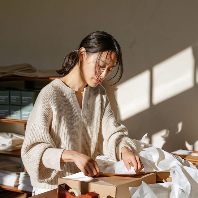 Woman folding a kraft box at a packing table
