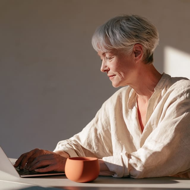 Woman working on a laptop at a concrete kitchen counter