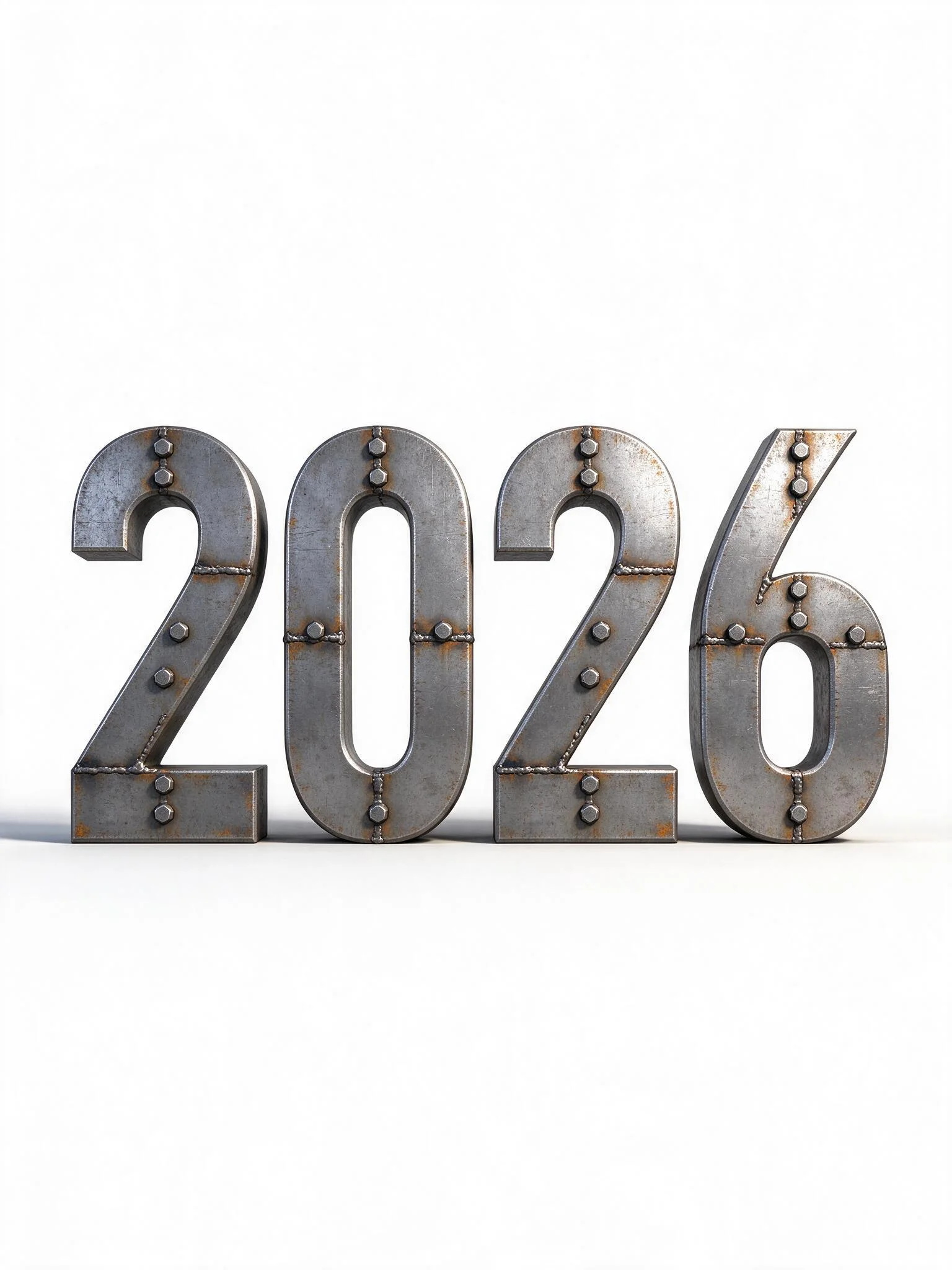 Solid steel numerals 2026 with welded joints and rows of hex rivets, lit from the right on pure white.